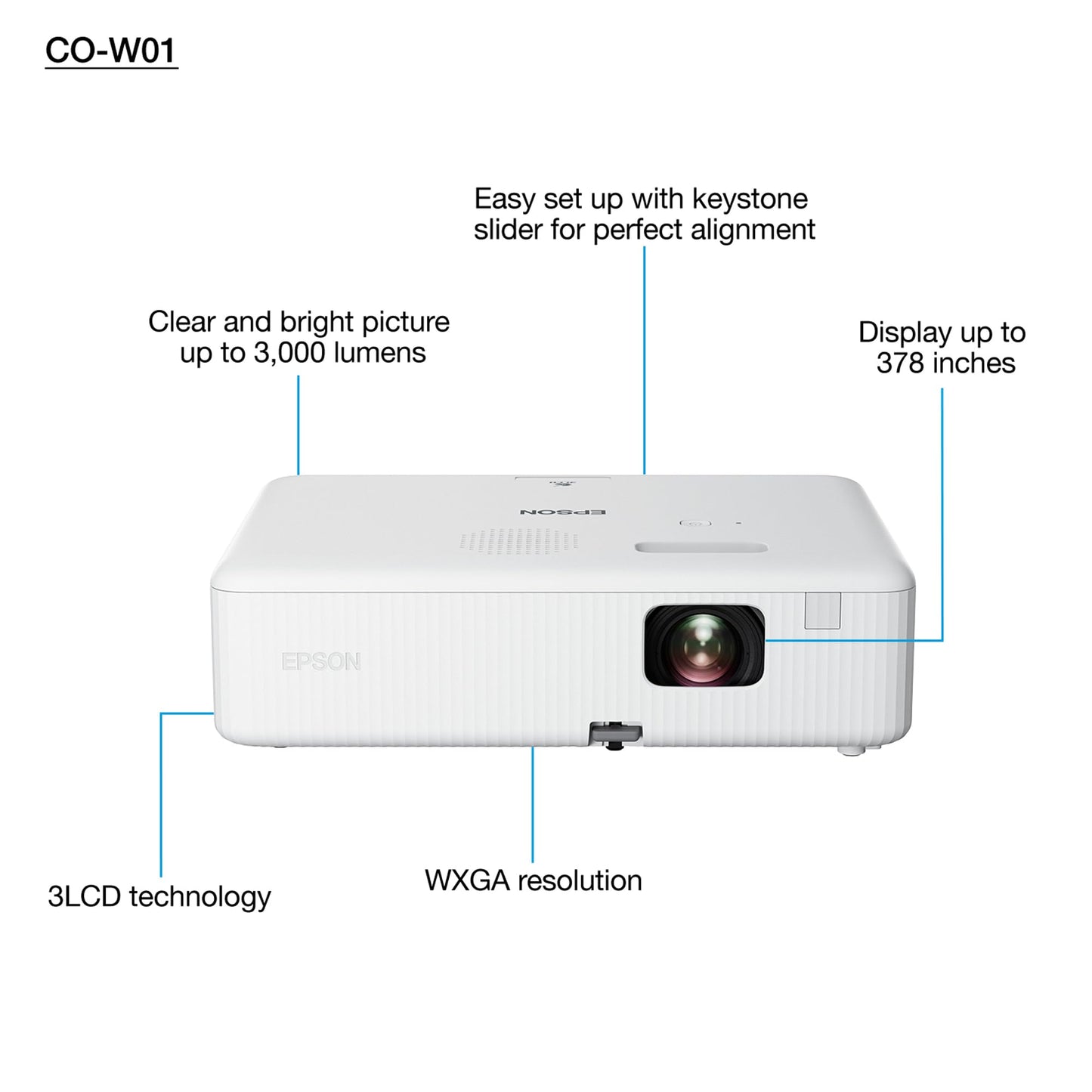 Epson CO-W01 WXGA Data Projector, 3,000 ANSI Lumens, 3LCD, Portable Business & Home Presentation Projector – Black