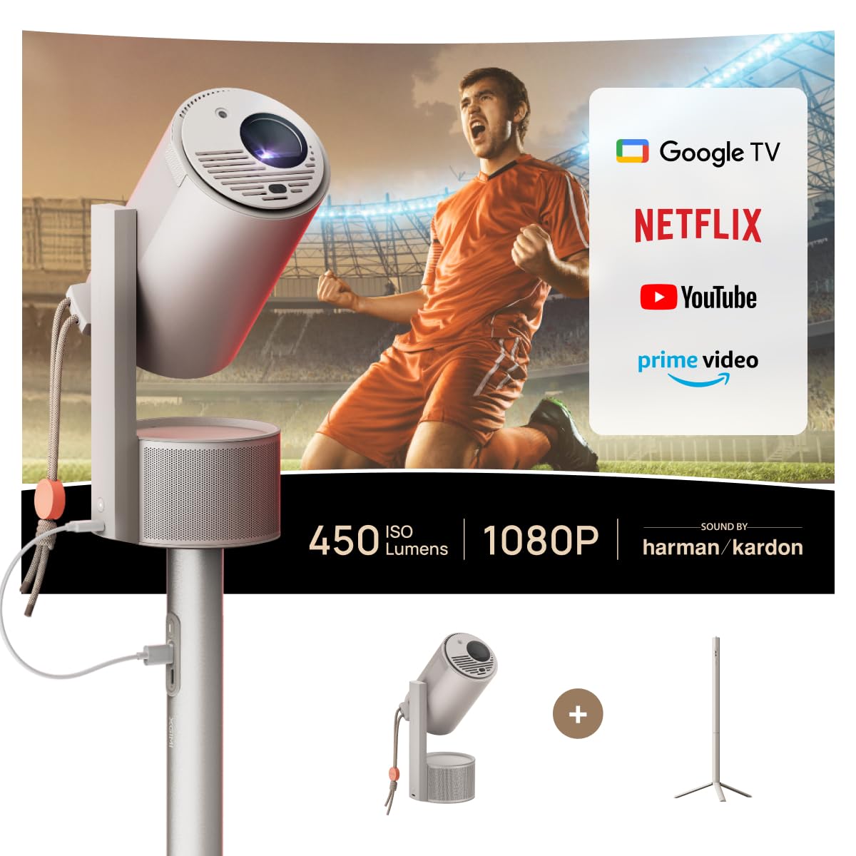 XGIMI MoGo 3 Pro 1080P Mini Projector | Google TV with Netflix, Harman Kardon Audio, Portable Stand, 450 ISO Lumens, WiFi & Bluetooth