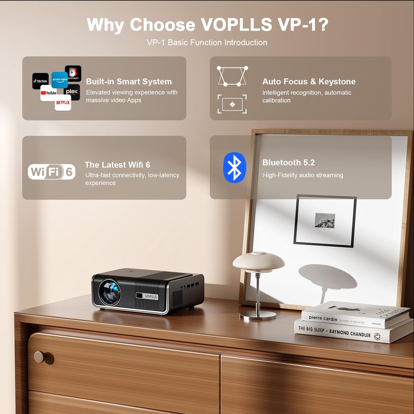 VOPLLS 1080P Full HD Projector – Auto Focus, WiFi & Bluetooth, Indoor & Outdoor
