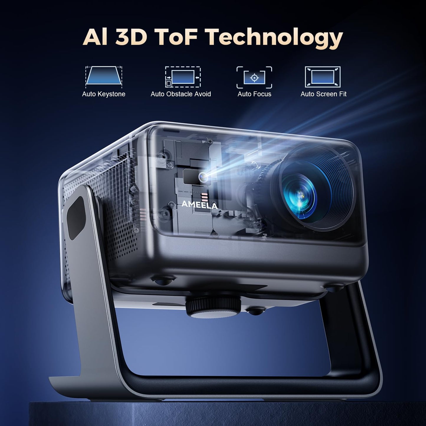 AMEELA 1080P Native 4K Projector – Dolby Audio, Built-In Apps, Home & Outdoor Cinema