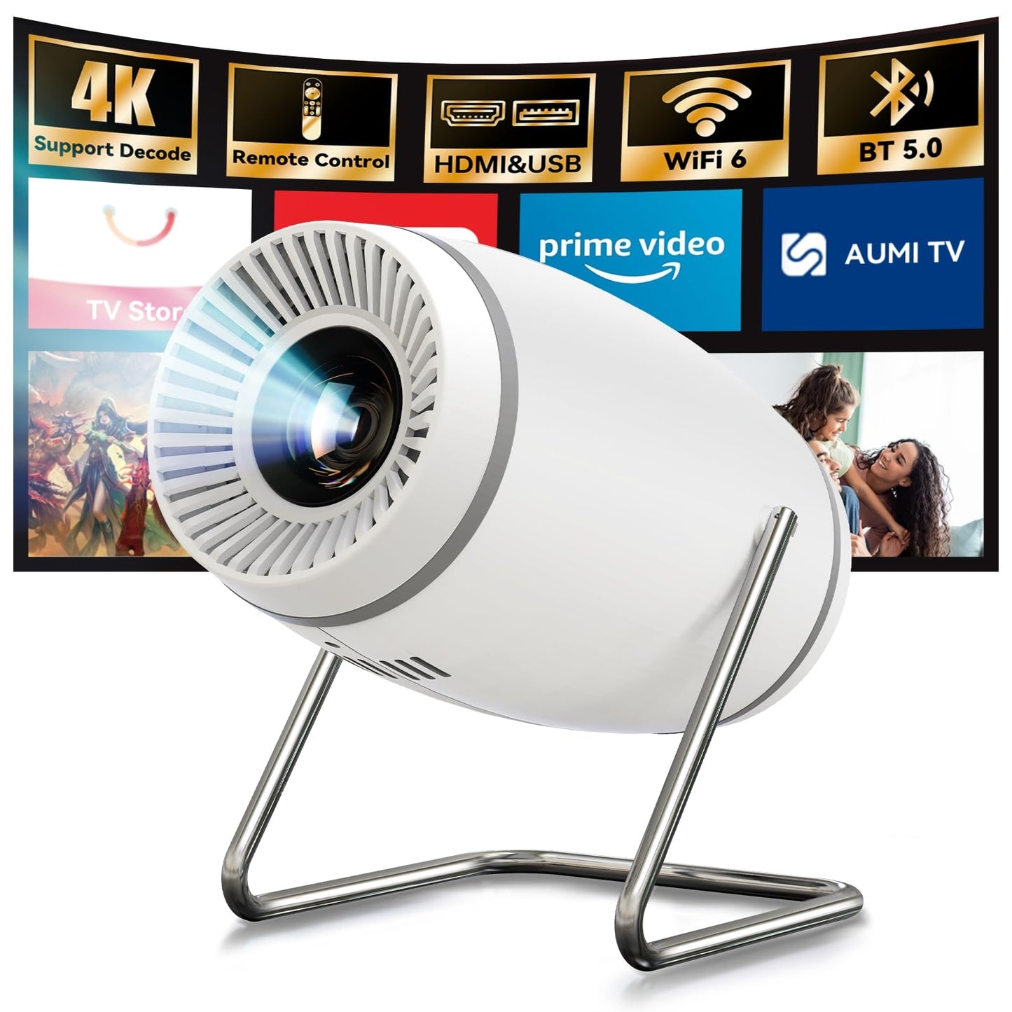 Putbecy 1080P Mini Projector – 4K Decoding, WiFi & Bluetooth, Bedroom & Outdoor