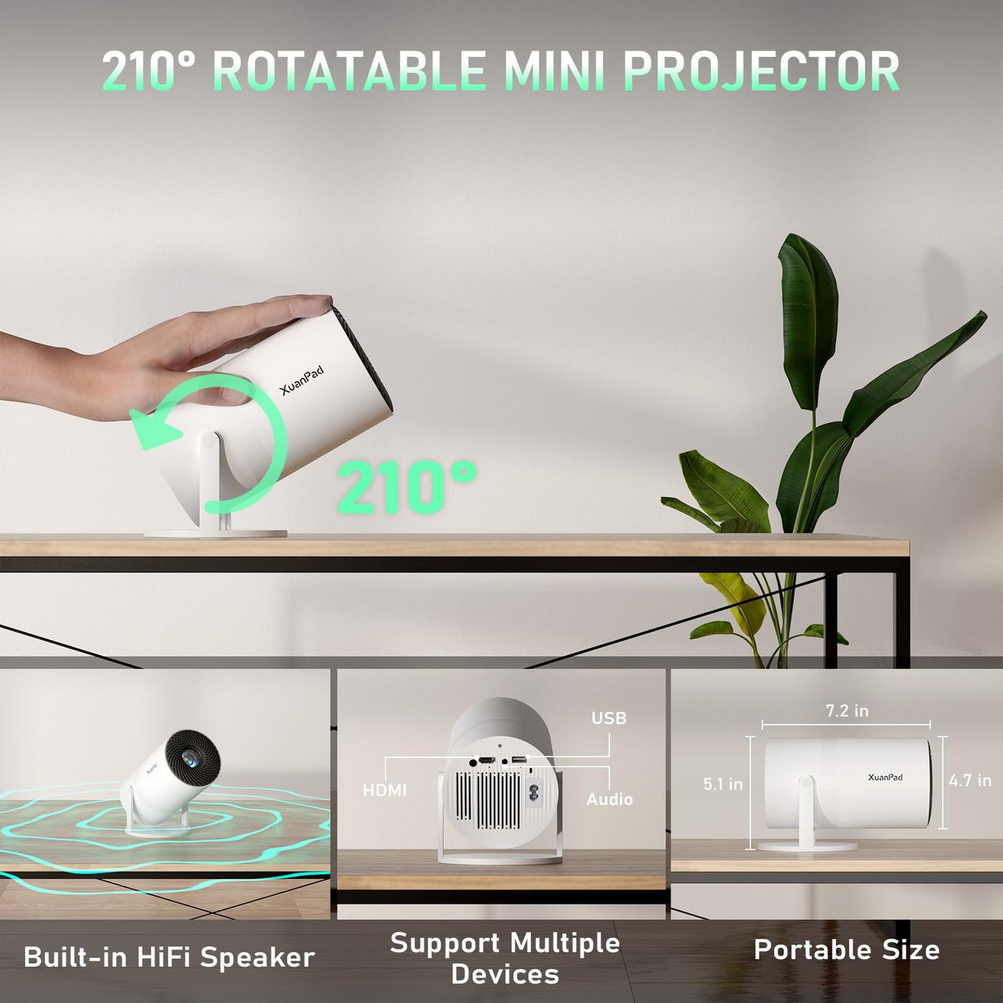 XuanPad Mini Projector | Auto Keystone, 210° Rotatable Stand, Dustproof & Cooling, Portable