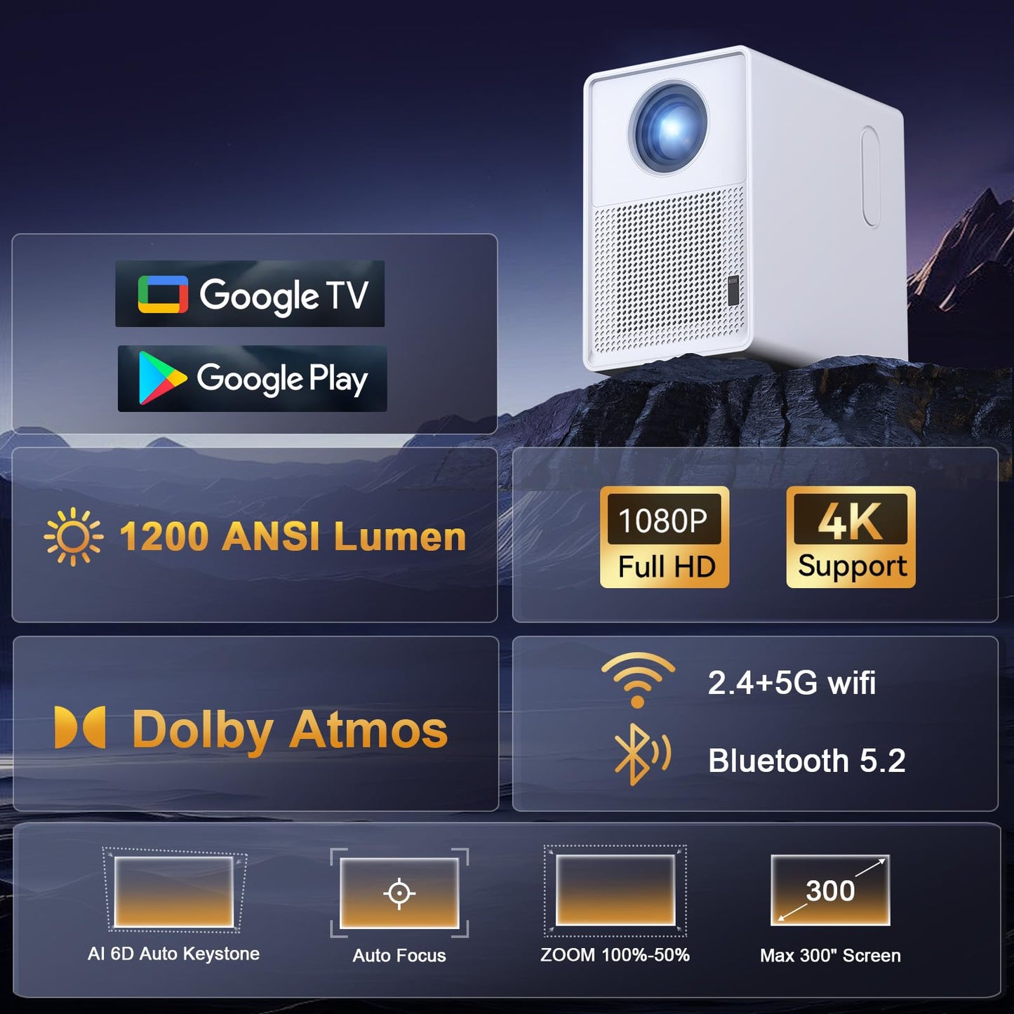 QIAOLET C800 Smart Projector | 1080P Native, 4K Supported, 1200 ANSI, Google TV, Auto Focus & 6D Correction, WiFi 6 & Bluetooth 5.2, Home Cinema