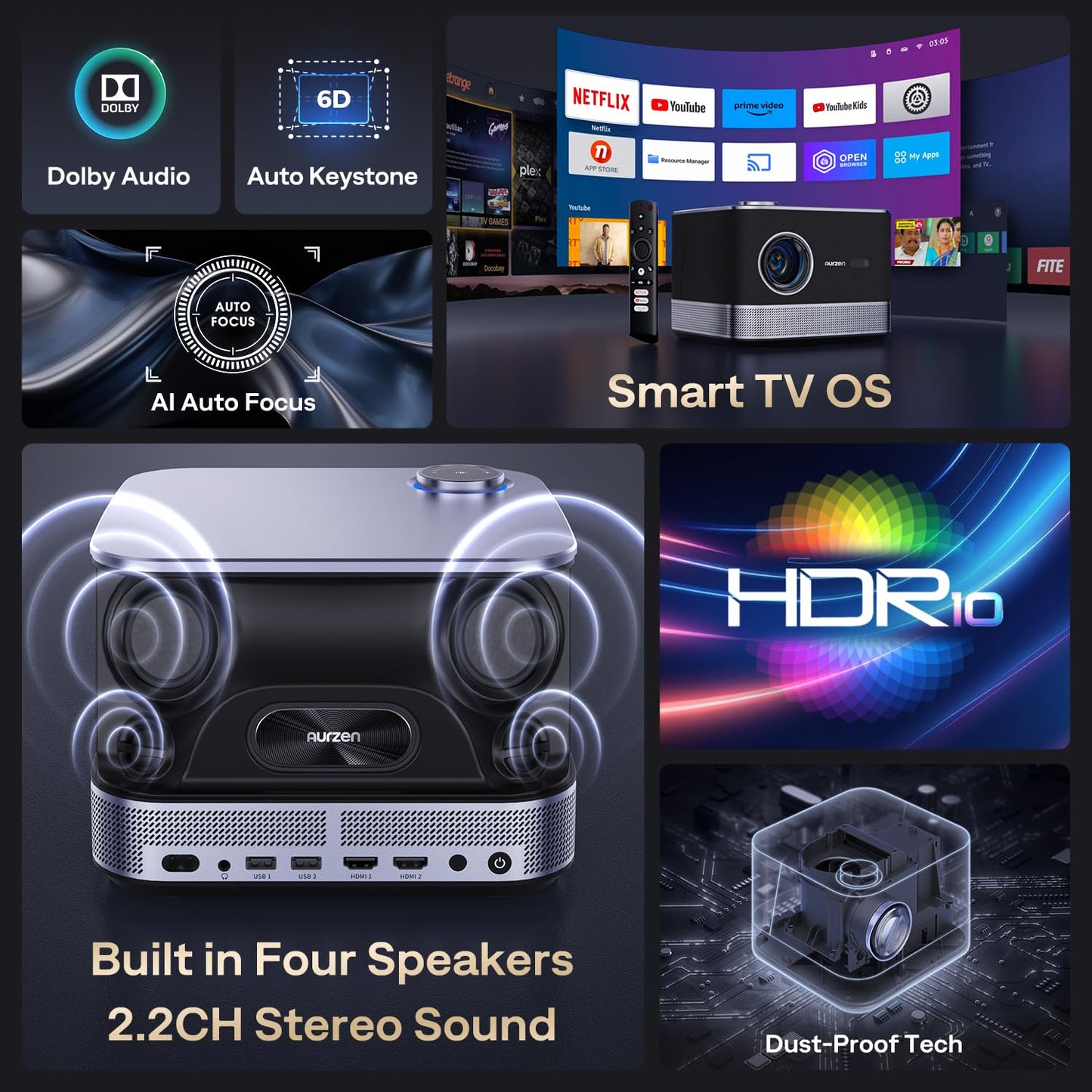 Aurzen BOOM 3 Projector | Auto Focus & Keystone, HDR10, WiFi 6 & Bluetooth, Portable