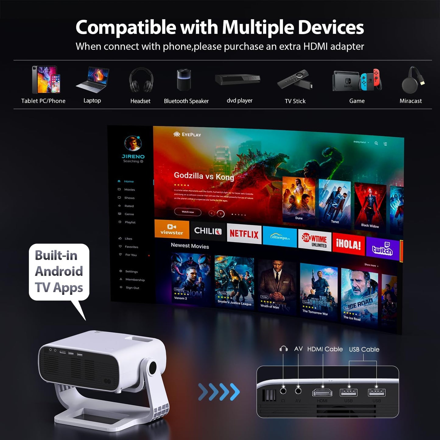 Wielio 2025 1080P Projector – iOS, Android & PS5 Compatible, Auto Keystone, Portable