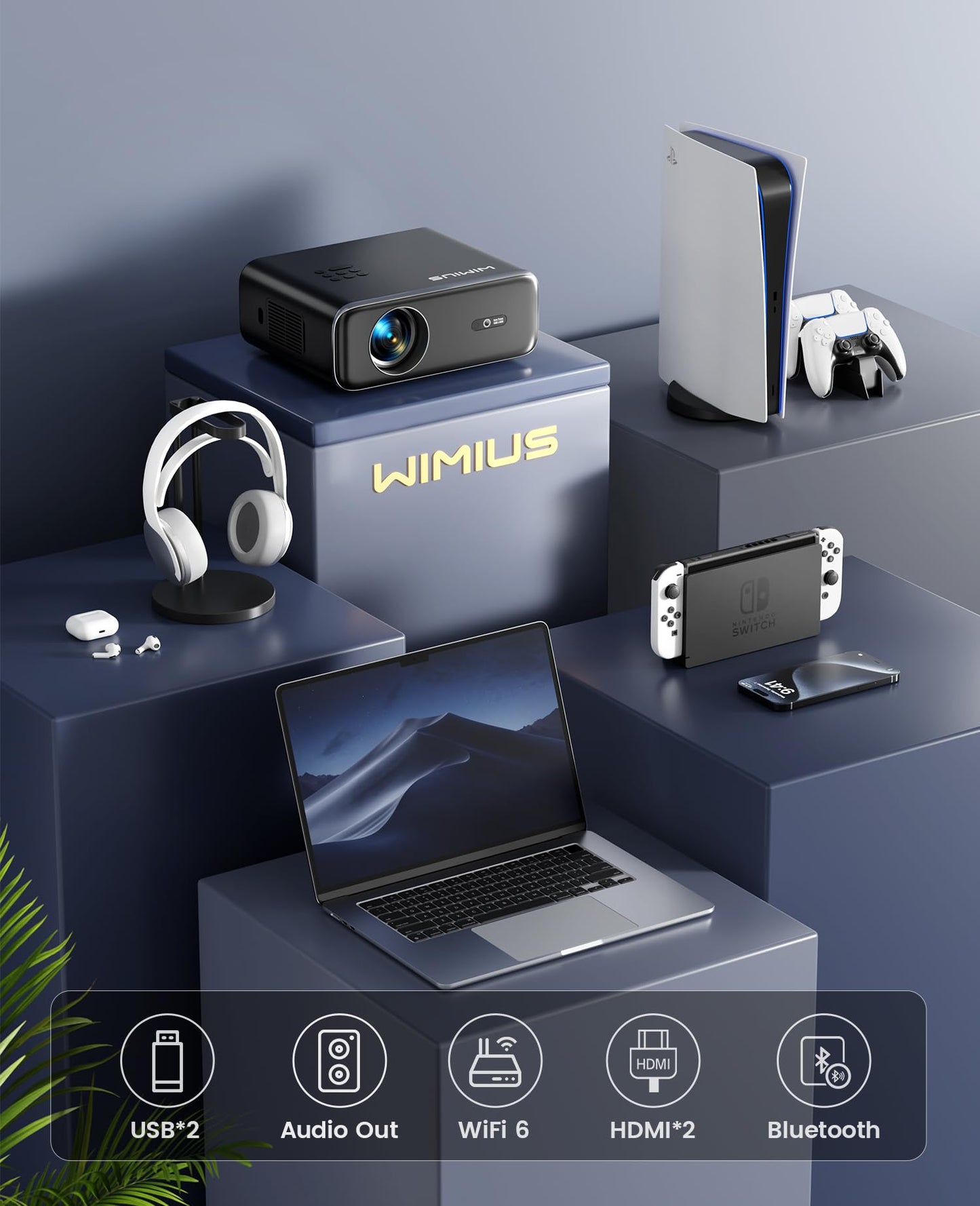 WiMiUS P62 1080P Projector – Smartphones, TV Stick, PPT & PS5 Compatible, Portable