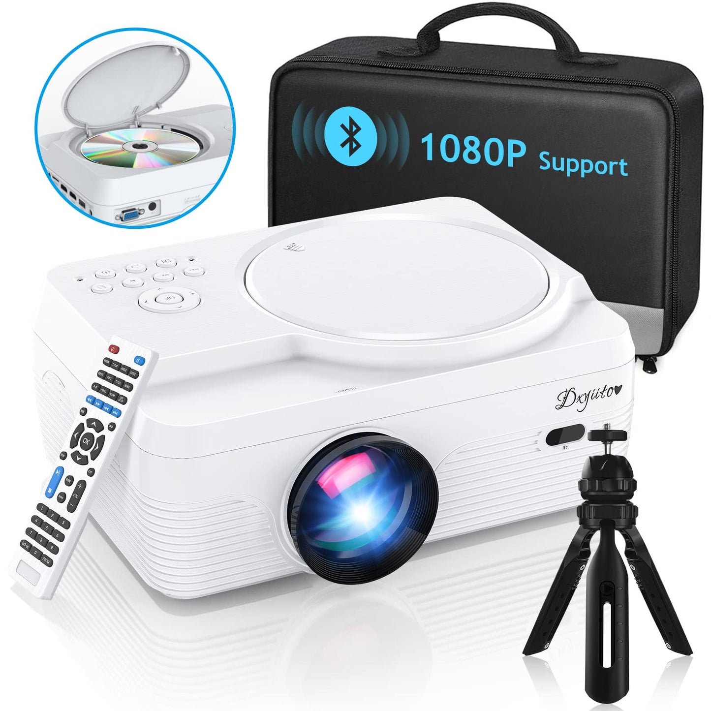 Dxyiitoo Full HD Projector – Portable Home Theater, Bluetooth, DVD Included