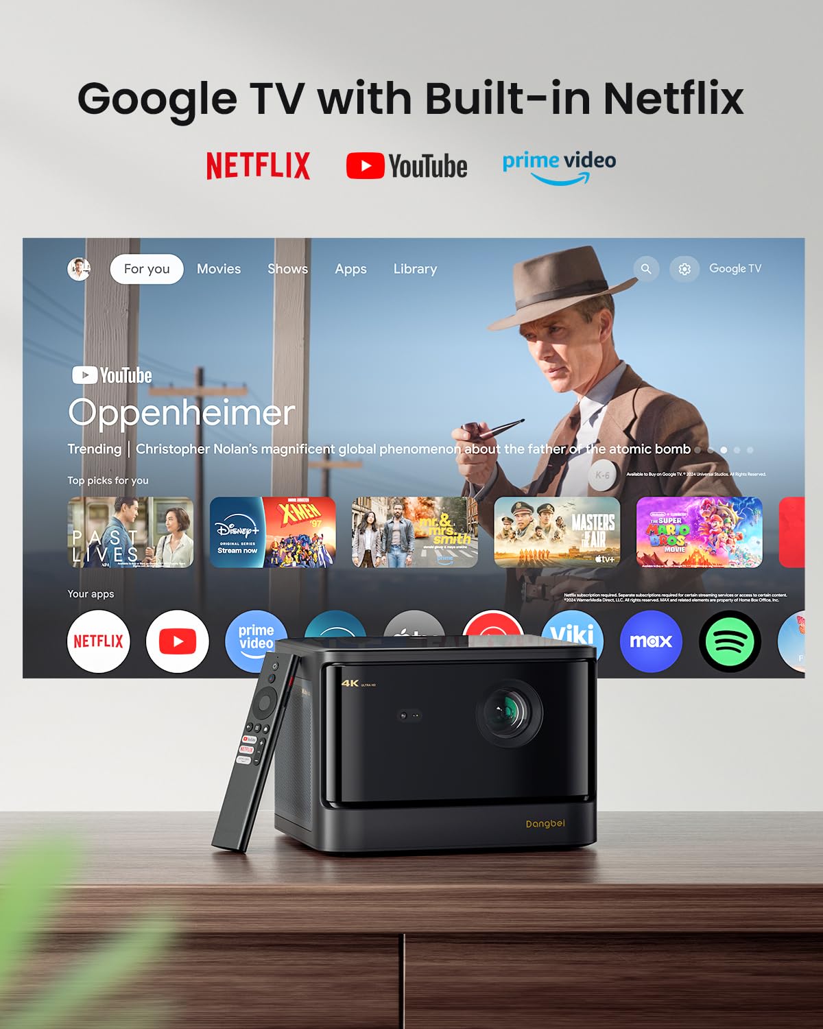 Dangbei DBOX02 4K Home Projector | 2450 ISO Lumens, 200" Screen, Google TV, Netflix Official, Dolby Audio & DTS:X, WiFi & Bluetooth