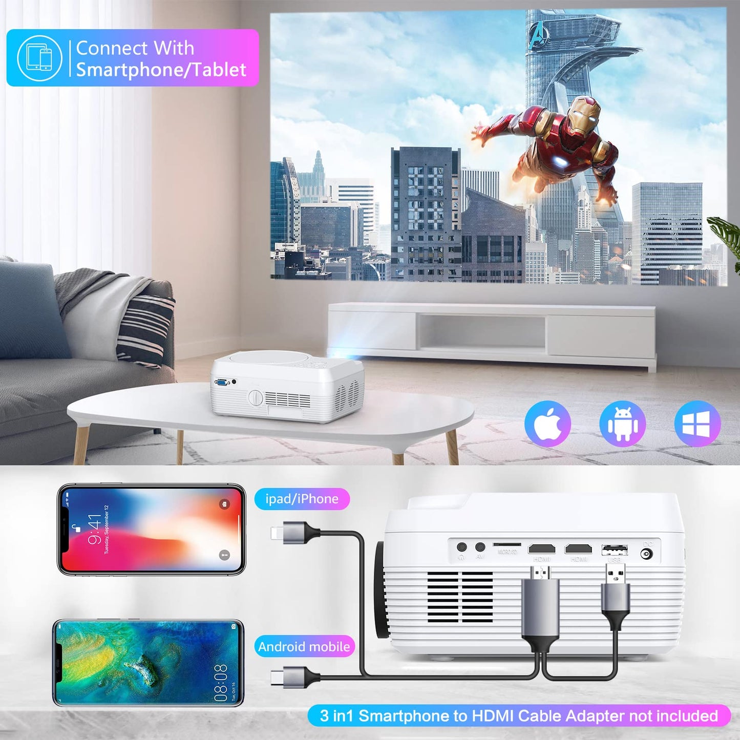 Dxyiitoo Full HD Projector – Portable Home Theater, Bluetooth, DVD Included