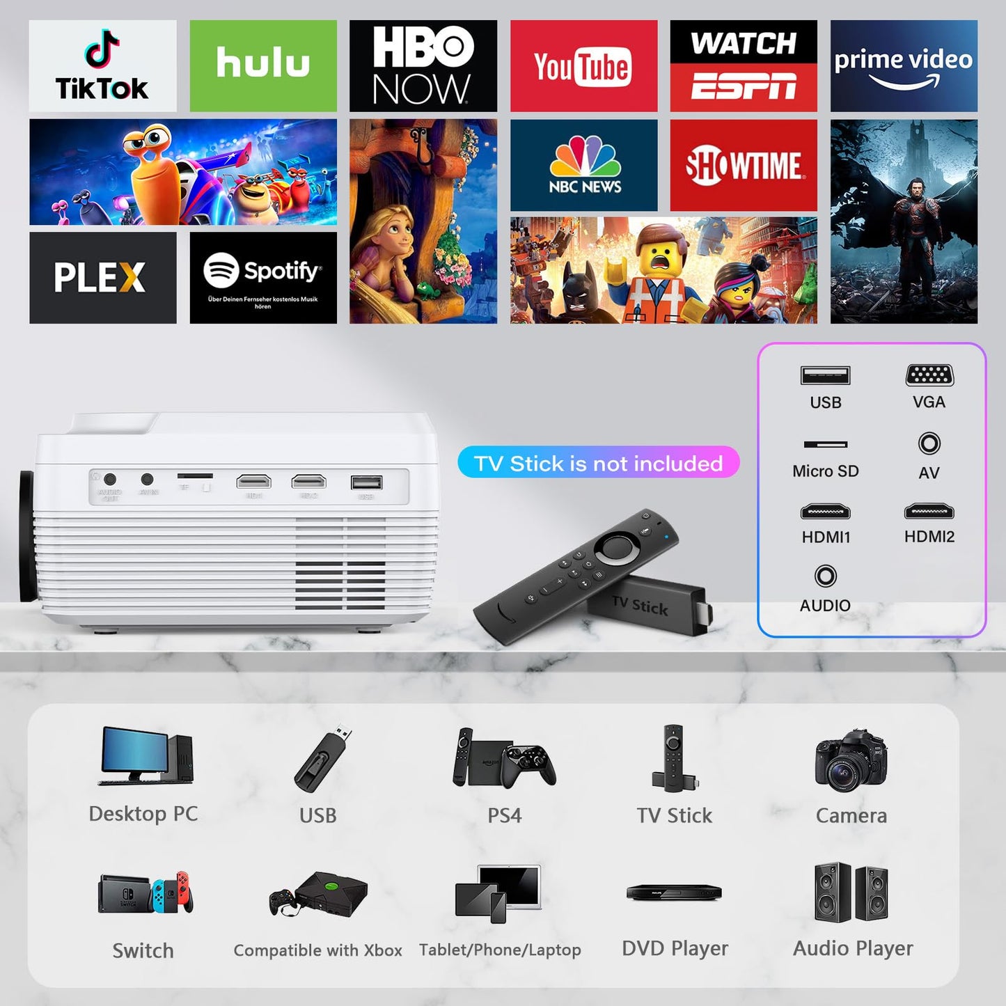 Dxyiitoo Full HD Projector – Portable Home Theater, Bluetooth, DVD Included