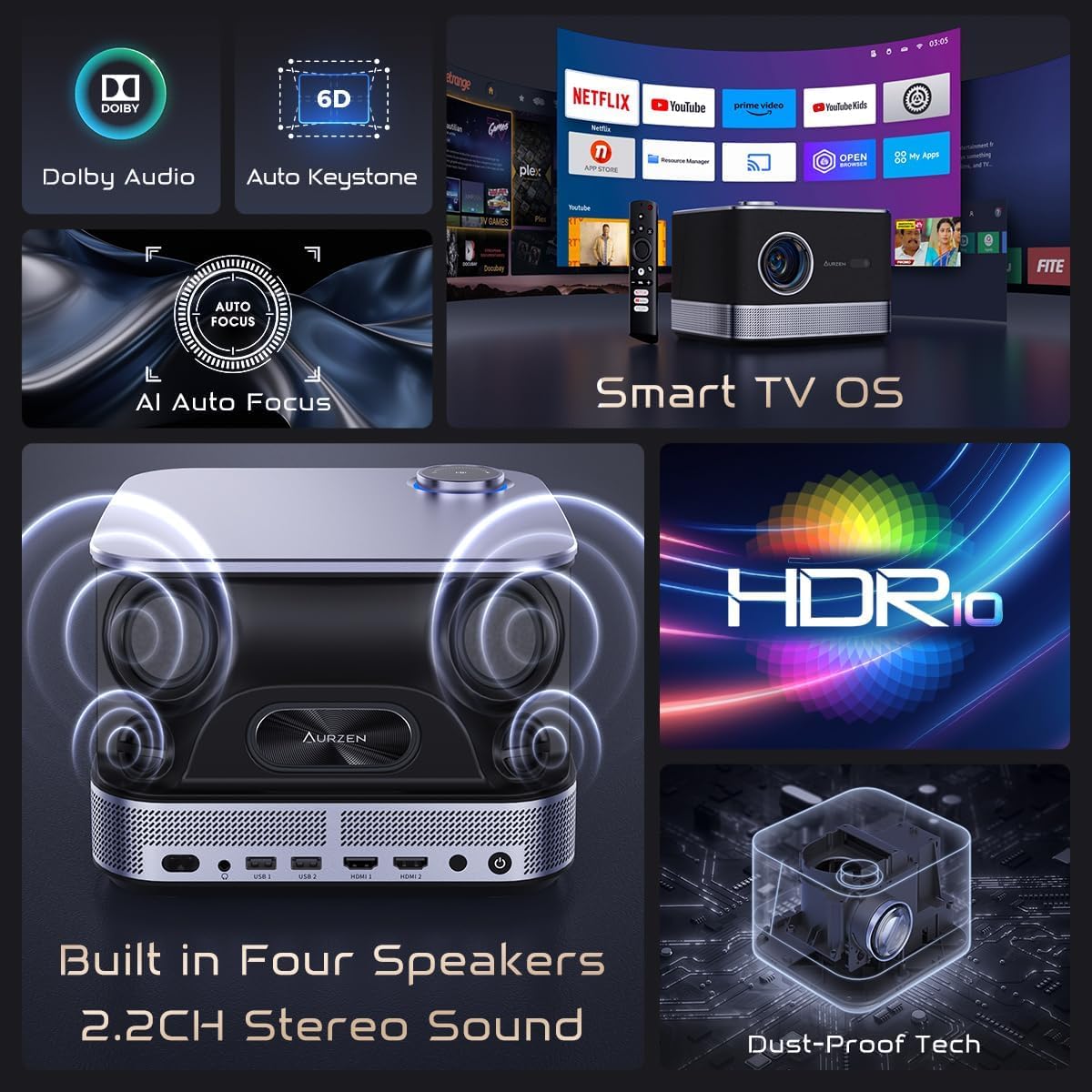 Aurzen BOOM 3 Projector | Auto Focus & Keystone, HDR10, WiFi 6 & Bluetooth, Portable