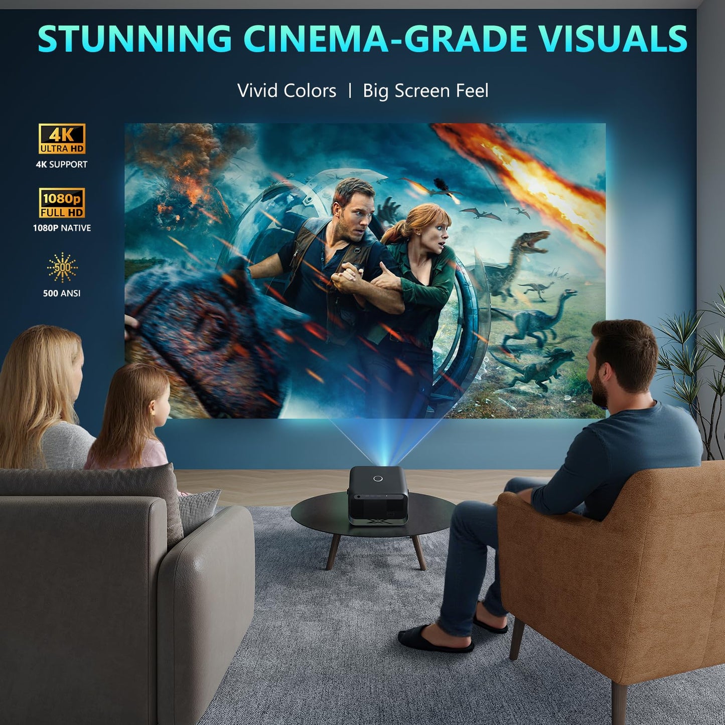 Buba Toys 4K Smart Projector – 1080P FHD, 500 ANSI Lumens, Auto Focus & Keystone, WiFi 6 & Bluetooth 5.0, Home Cinema & Outdoor Entertainment