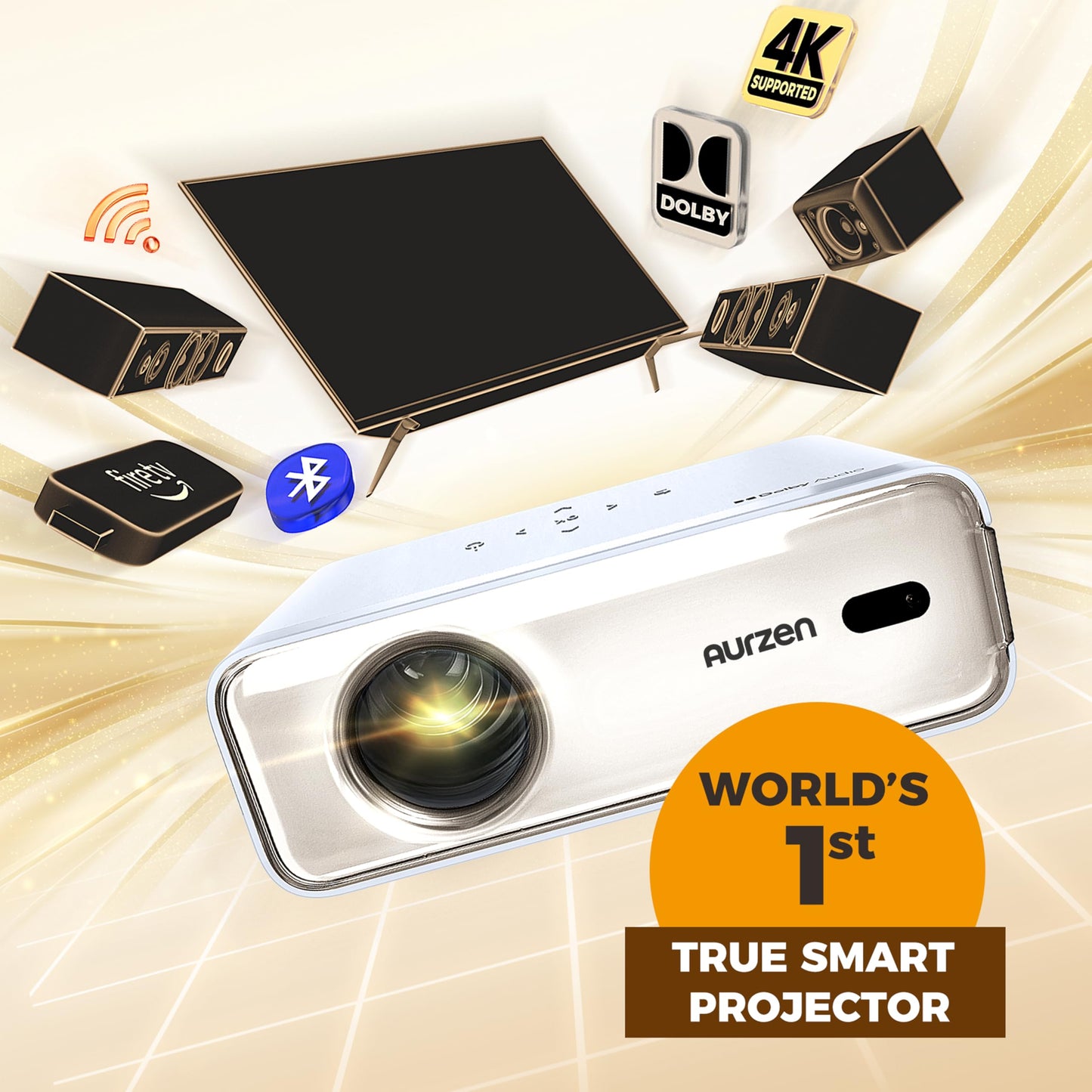 Aurzen Eazze D1 4K Smart Projector | Auto Focus & Keystone, HDR10, Dolby Audio, 50% Zoom, Portable for iOS/Android/USB