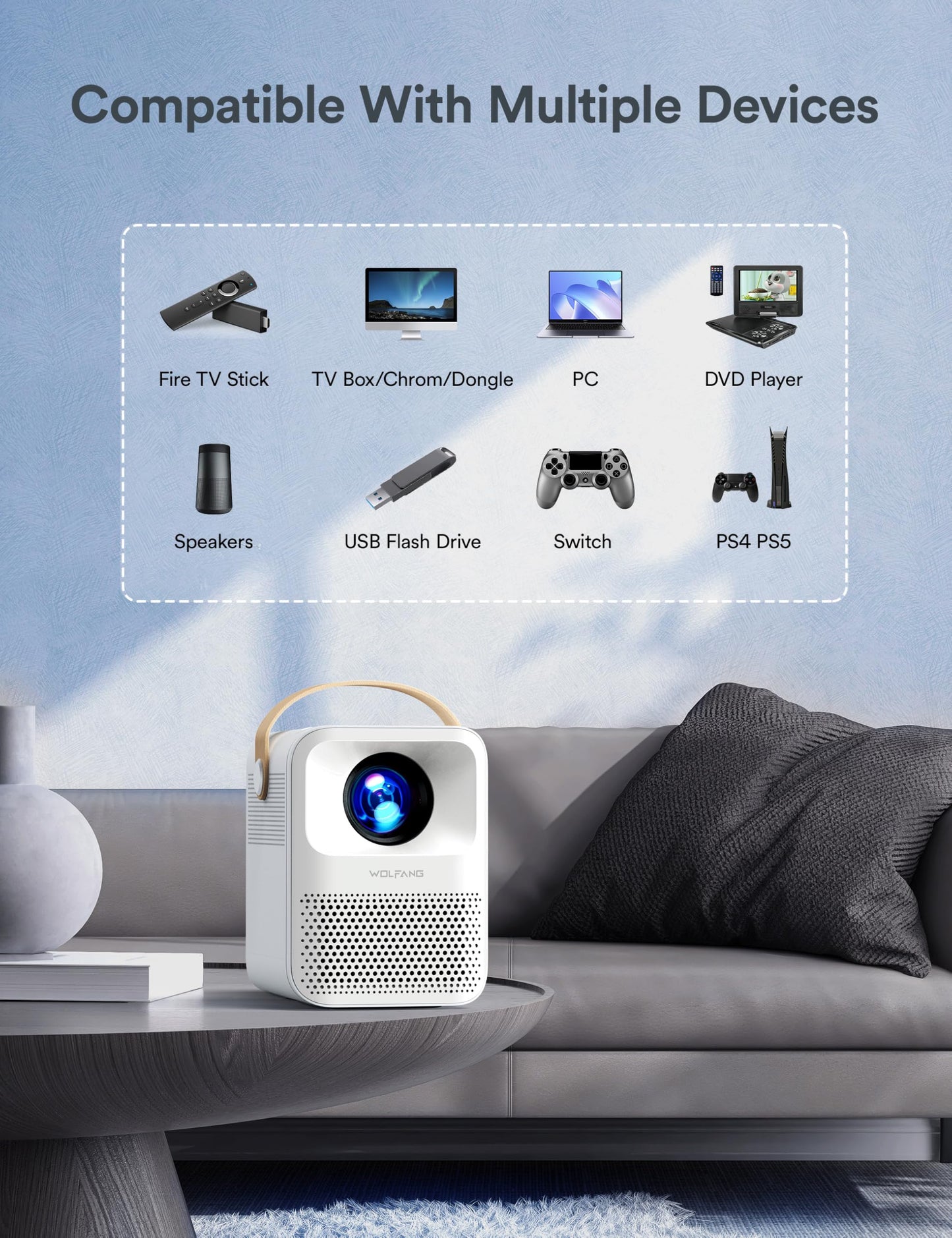 WOLFANG WP01 4K Portable Projector – 1080P, WiFi 5G & Bluetooth, Home Theater