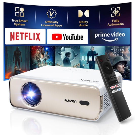 Aurzen Eazze D1 4K Smart Projector | Auto Focus & Keystone, HDR10, Dolby Audio, 50% Zoom, Portable for iOS/Android/USB