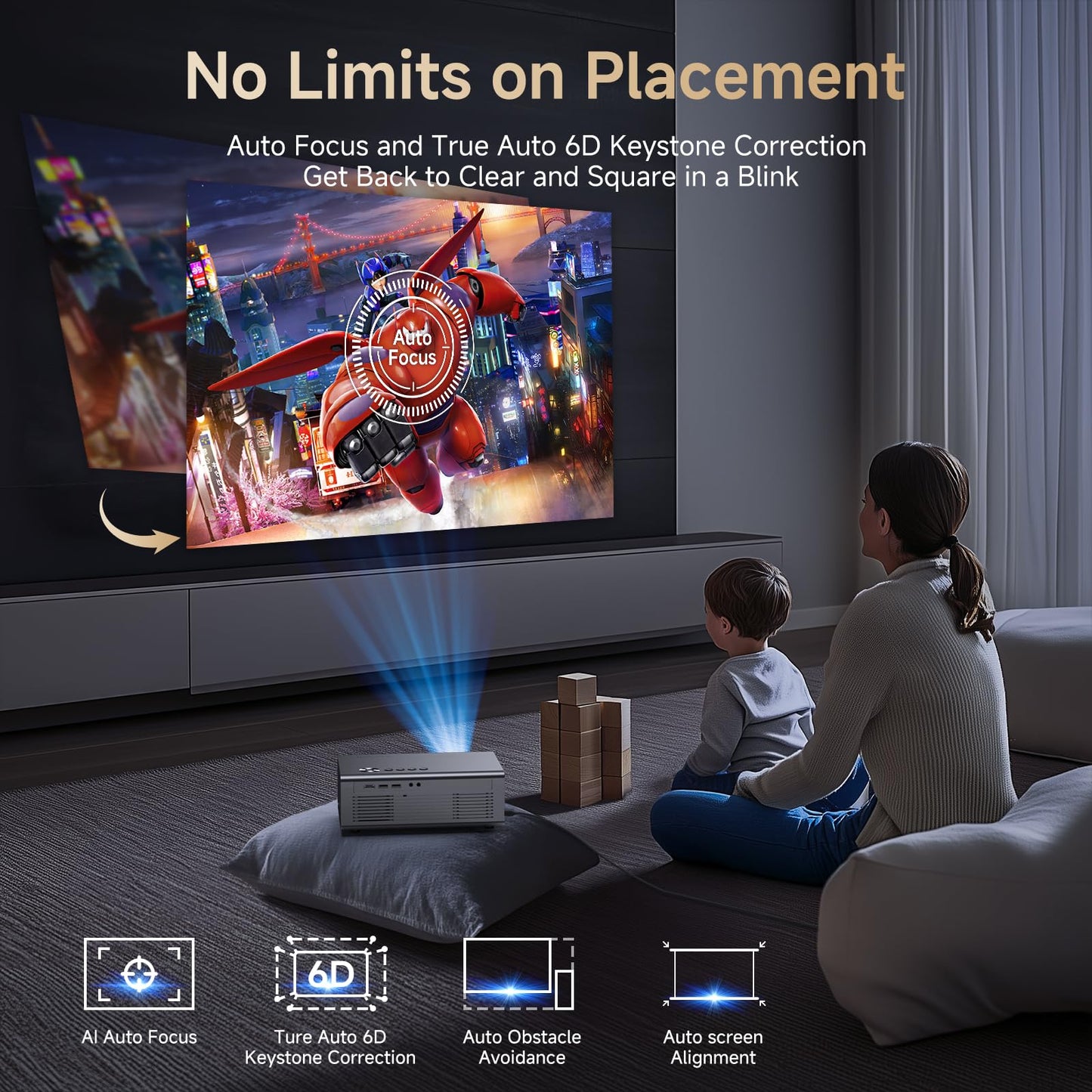 KOGATA GC357 4K Smart Projector – Native 1080P, Netflix & HDR10, AI Auto-Focus, 6D Keystone, WiFi 6 & Bluetooth 5.3, Indoor & Outdoor Home Cinema