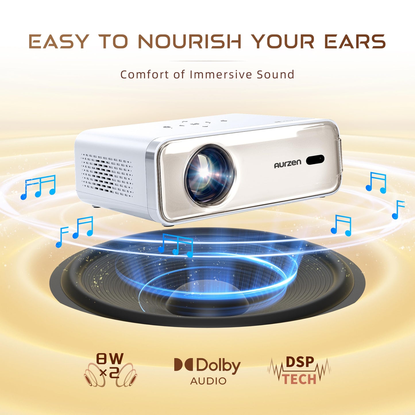 Aurzen Eazze D1 4K Smart Projector | Auto Focus & Keystone, HDR10, Dolby Audio, 50% Zoom, Portable for iOS/Android/USB