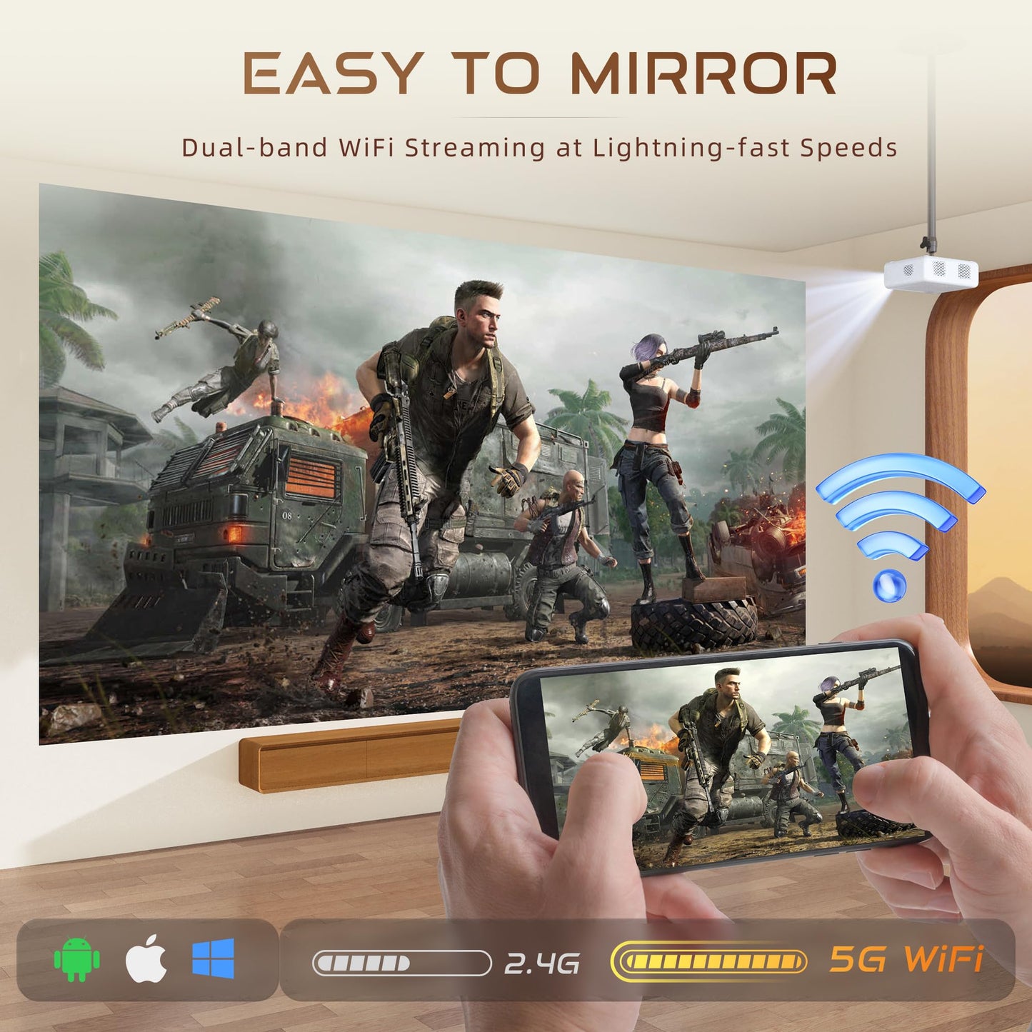 Aurzen Eazze D1 4K Smart Projector | Auto Focus & Keystone, HDR10, Dolby Audio, 50% Zoom, Portable for iOS/Android/USB