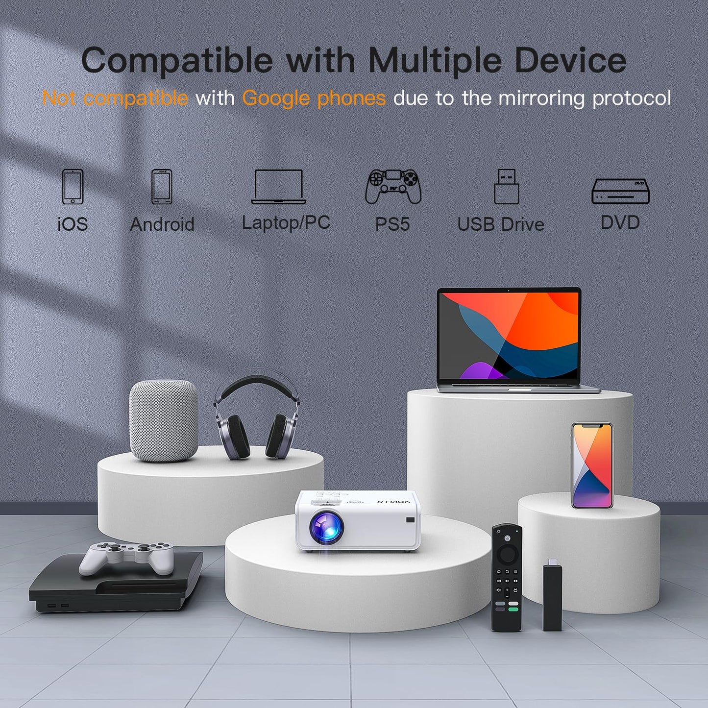 VOPLLS 4K Native 1080P Projector – iOS, Android, TV Stick & PPT Compatible