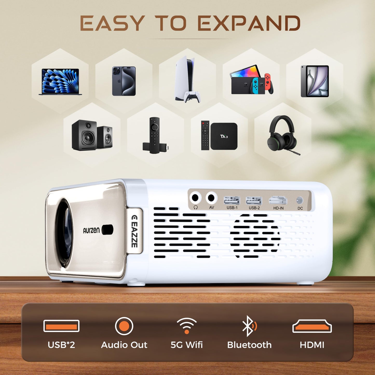 Aurzen Eazze D1 4K Smart Projector | Auto Focus & Keystone, HDR10, Dolby Audio, 50% Zoom, Portable for iOS/Android/USB