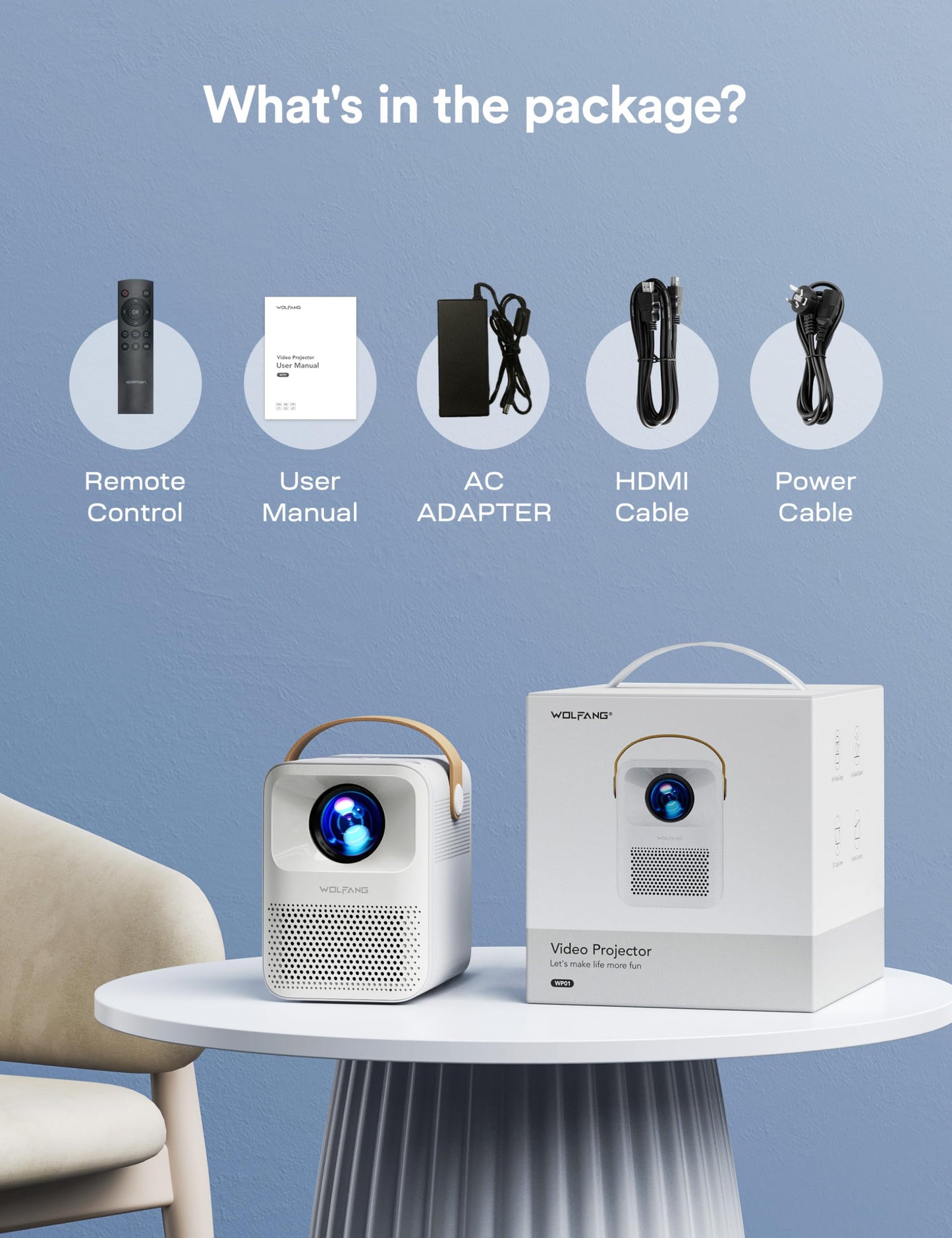 WOLFANG WP01 4K Portable Projector – 1080P, WiFi 5G & Bluetooth, Home Theater