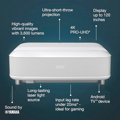 Epson EH-LS650W 4K Ultra Short Throw Projector – 3600 Lumens, Smart TV
