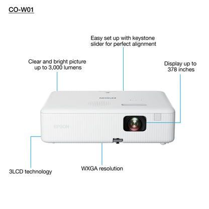 Epson CO-W01 WXGA Data Projector, 3,000 ANSI Lumens, 3LCD, Portable Business & Home Presentation Projector – Black