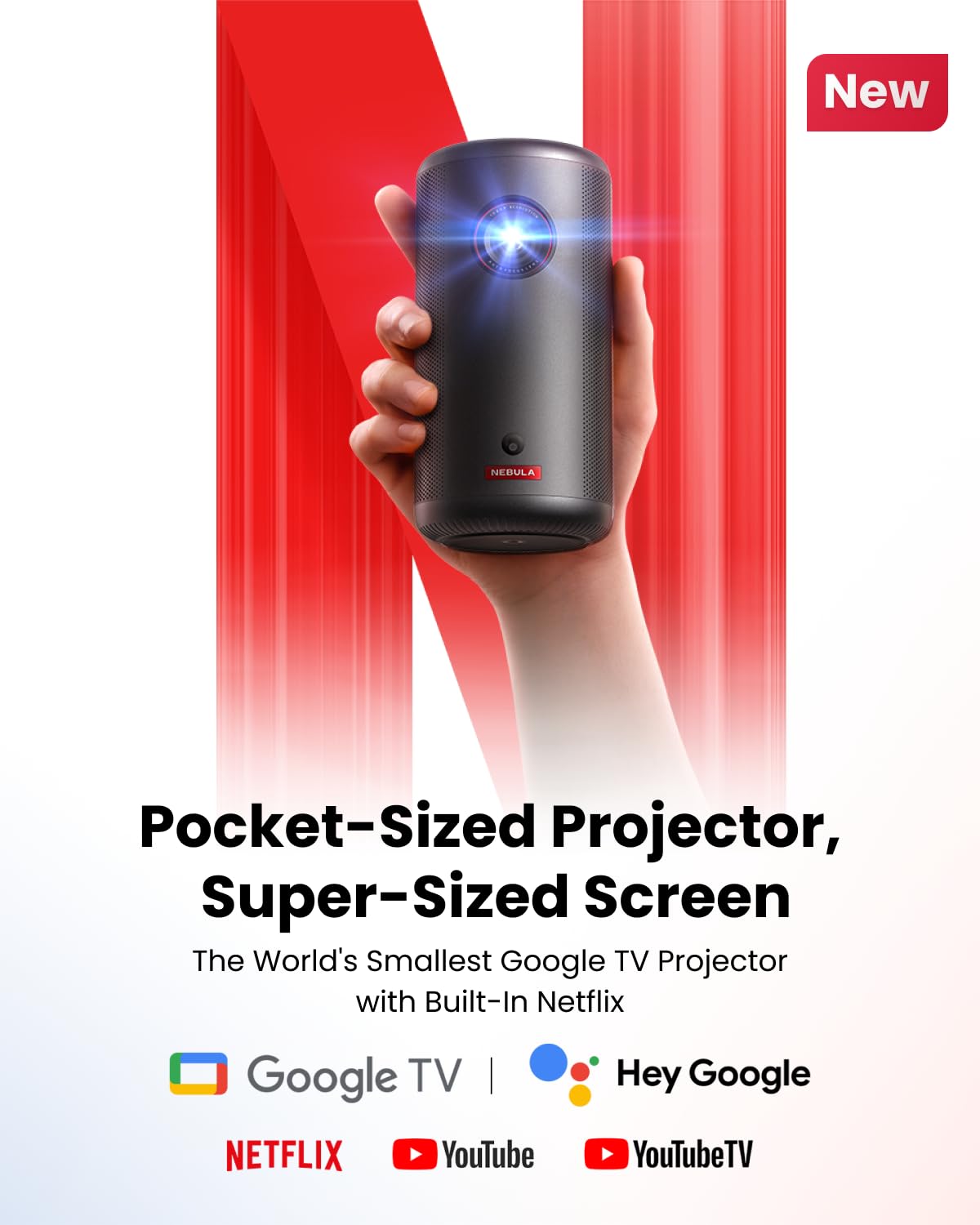 NEBULA Capsule 3 Mini Projector – 1080p Portable Projector with Google TV, Built-In Netflix, Dolby Digital, 120″ Display, 2.5-Hour Battery