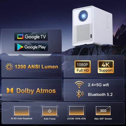 QIAOLET C800 Smart Projector | 1080P Native, 4K Supported, 1200 ANSI, Google TV, Auto Focus & 6D Correction, WiFi 6 & Bluetooth 5.2, Home Cinema