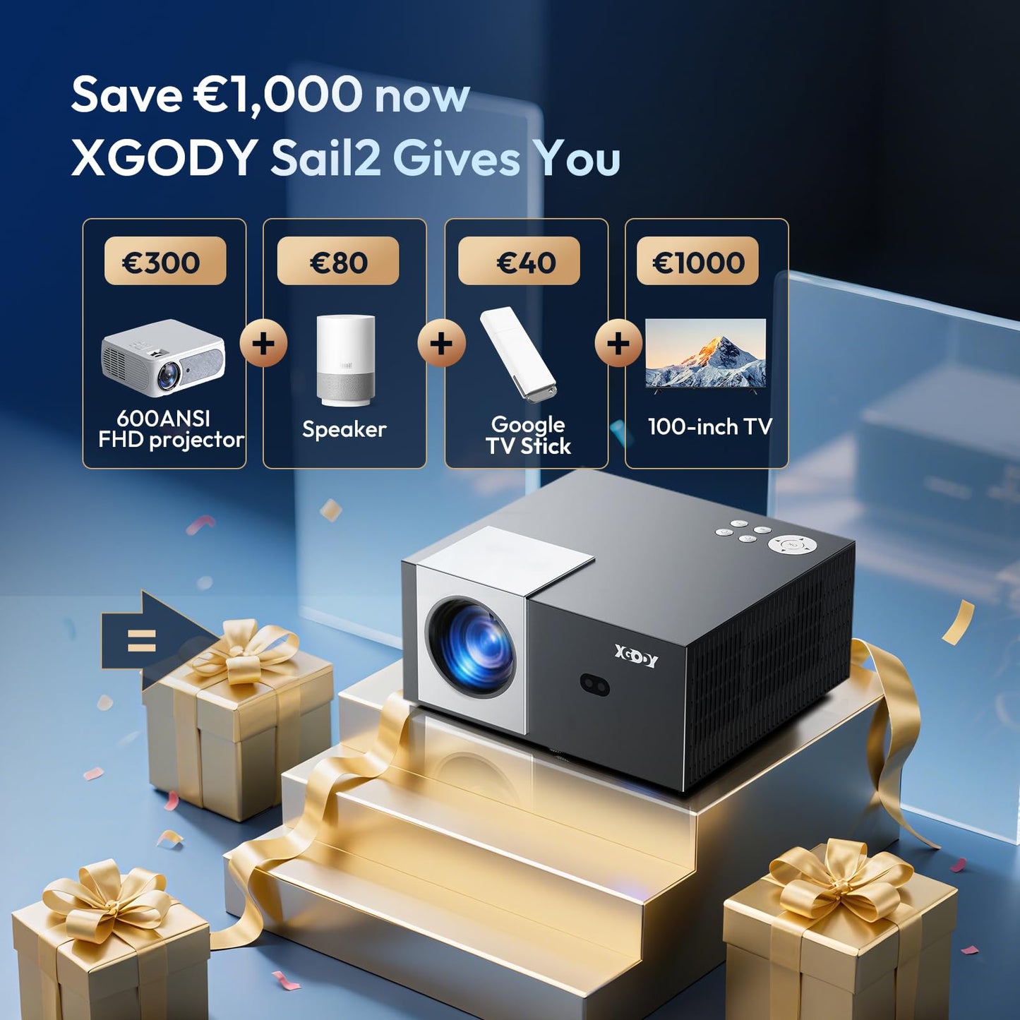XGODY Sail2 4K Home Projector | 600 ANSI Lumens, Native 1080P, Google TV, Electric Focus, Auto Keystone, Dual WiFi & Bluetooth 5.2
