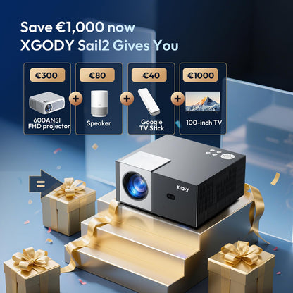 XGODY Sail2 4K Home Projector | 600 ANSI Lumens, Native 1080P, Google TV, Electric Focus, Auto Keystone, Dual WiFi & Bluetooth 5.2