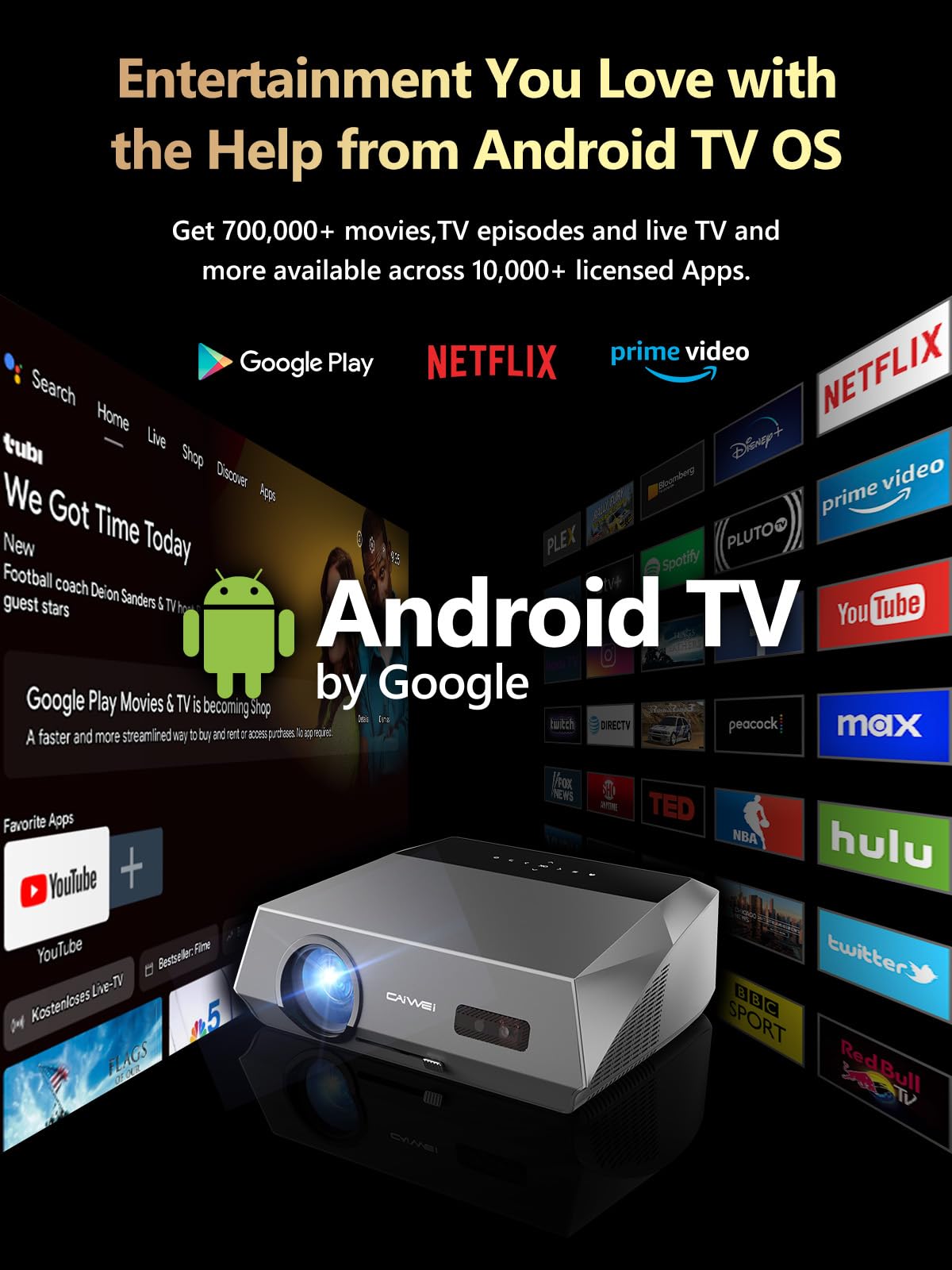 ZCGIOBN 4K Smart Projector | Google TV Certified, 1800ANSI Lumens, Dolby Audio, Auto Focus, WiFi6 & Bluetooth, HDMI ARC, NFC