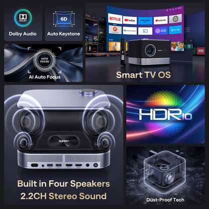 Aurzen BOOM 3 Projector | Auto Focus & Keystone, HDR10, WiFi 6 & Bluetooth, Portable