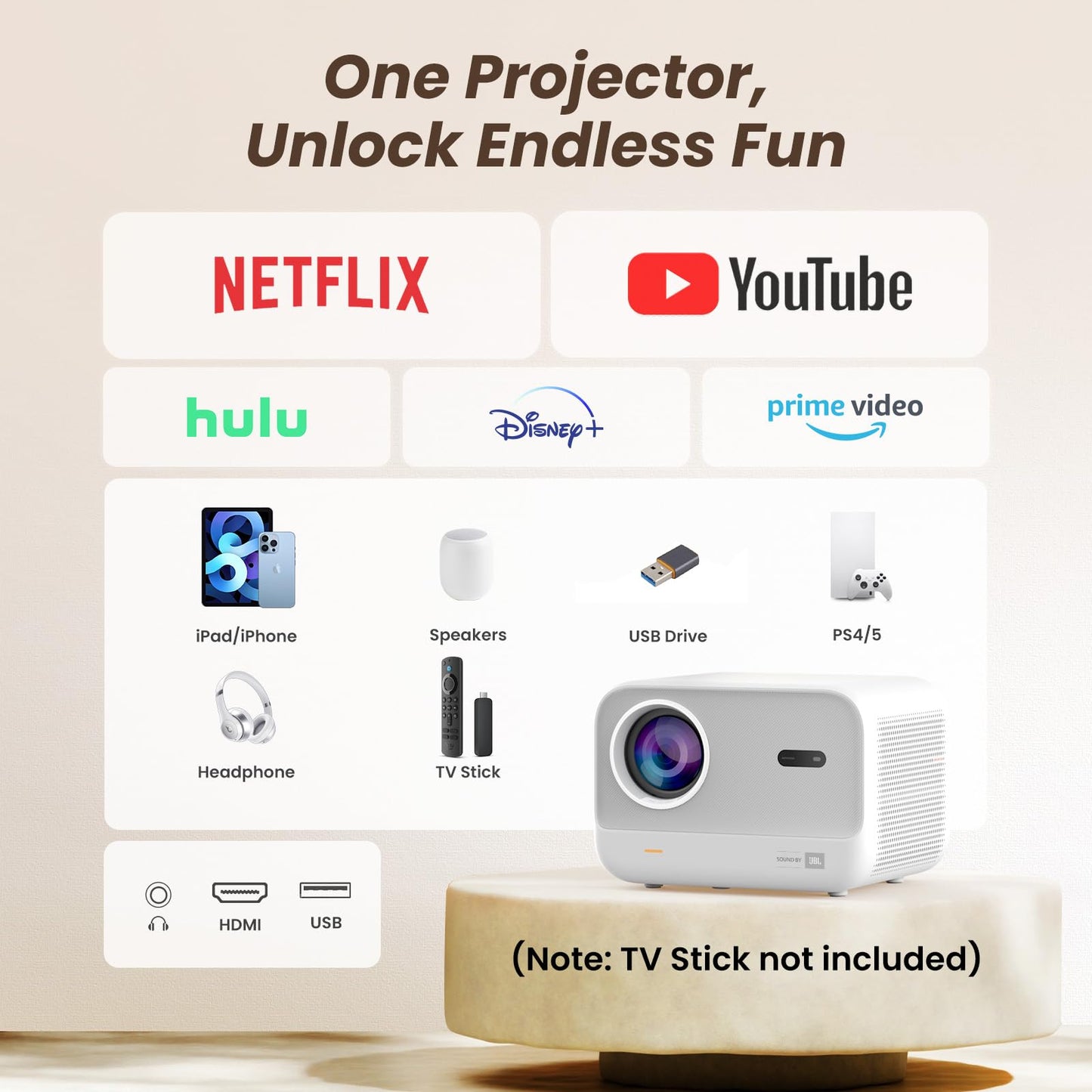 Yaber L2s Portable 1080P Projector | WiFi 6, Bluetooth, 16W JBL Speakers, Auto Focus, Vertical Keystone, 50%-100% Zoom, Home & Bedroom Projector