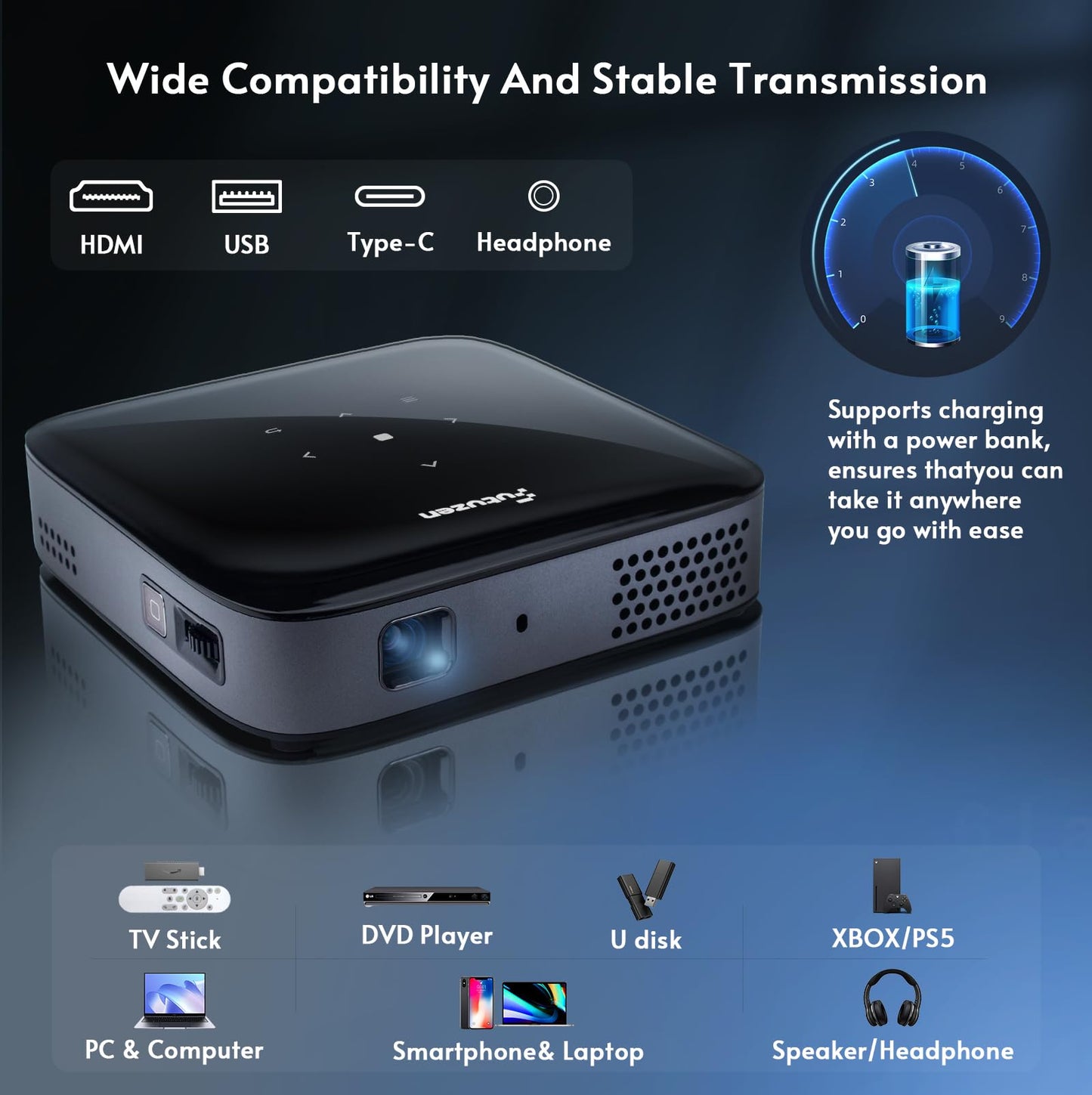 Futuzen O1 PRO Mini Projector – 4K, Built-in Battery & Speaker