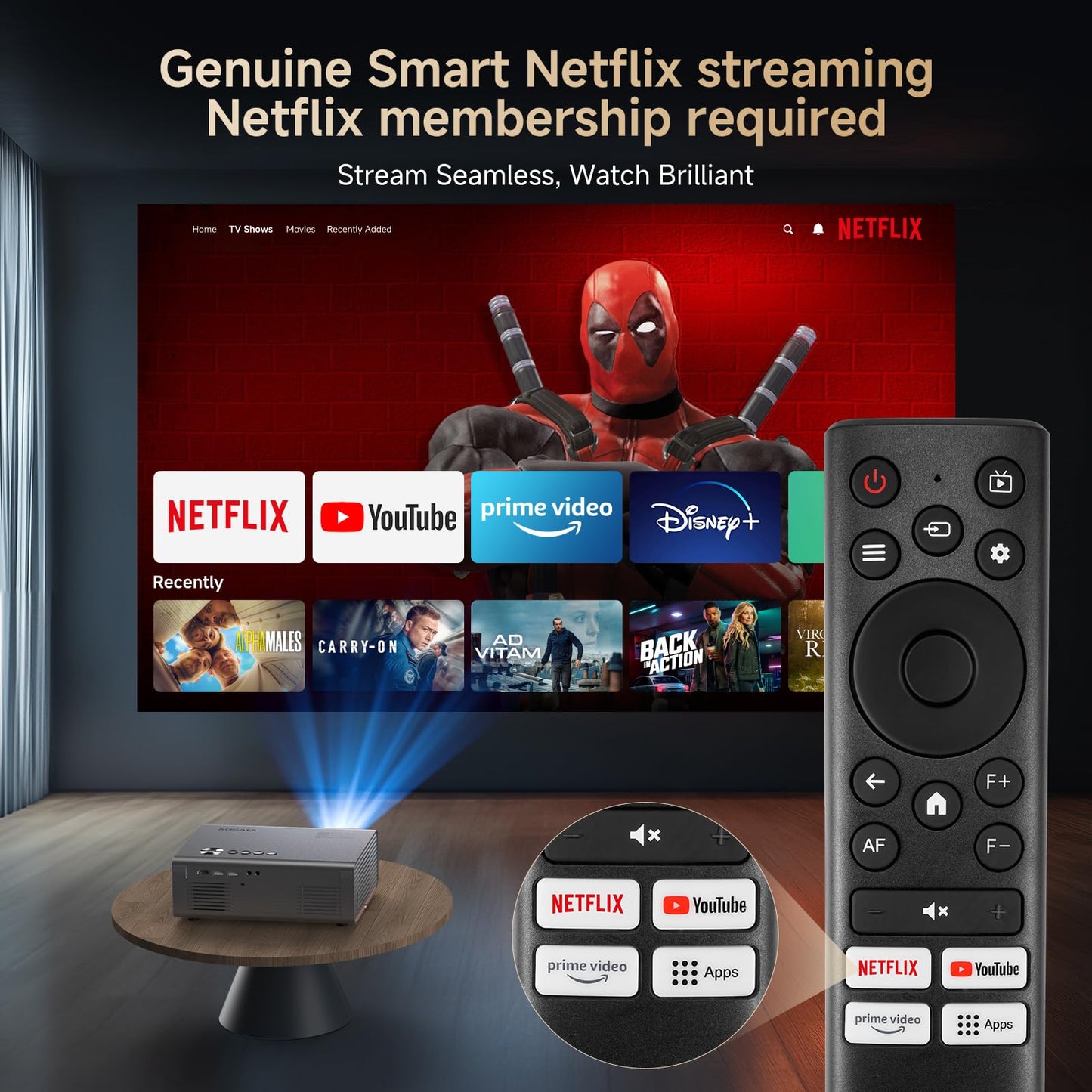 KOGATA GC357 4K Smart Projector – Native 1080P, Netflix & HDR10, AI Auto-Focus, 6D Keystone, WiFi 6 & Bluetooth 5.3, Indoor & Outdoor Home Cinema