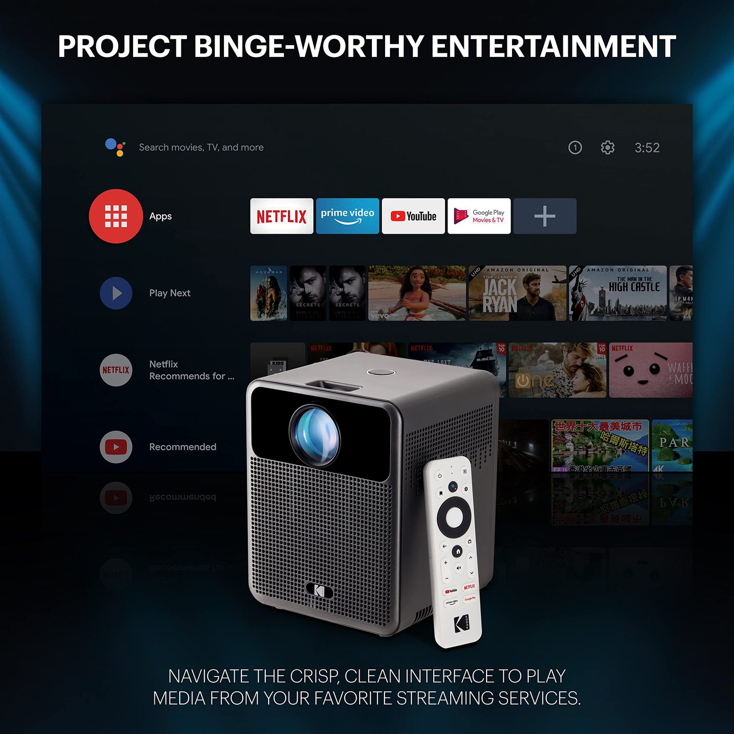 KODAK FLIK HD10 Smart Projector | 1080P Full HD Android TV, Google Assistant, Bluetooth & Dual Speakers