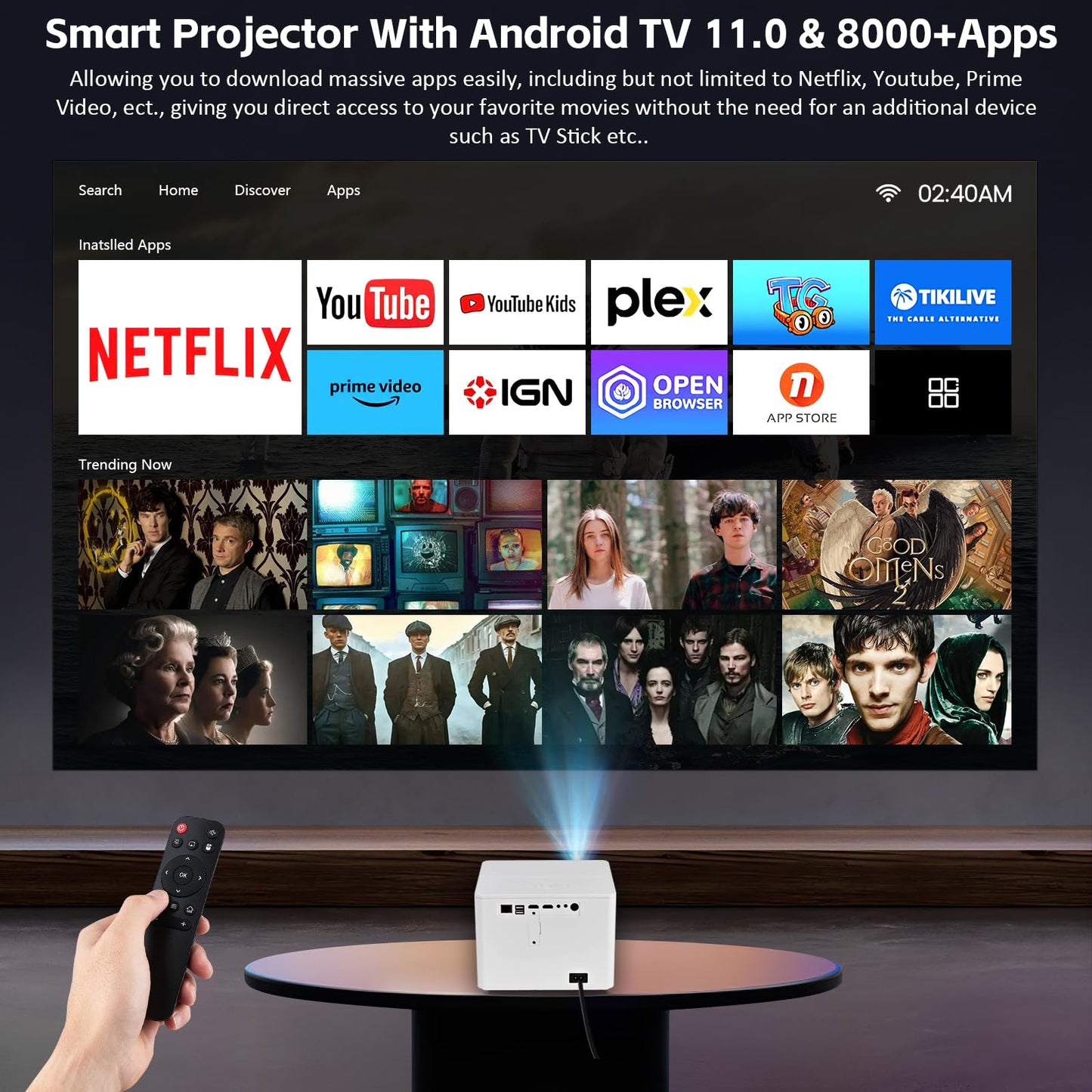 INMOZATA T8 Smart Projector – 1080P, 4K Support, WiFi 6 & Bluetooth
