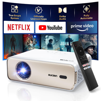 Aurzen Eazze D1 4K Smart Projector | Auto Focus & Keystone, HDR10, Dolby Audio, 50% Zoom, Portable for iOS/Android/USB