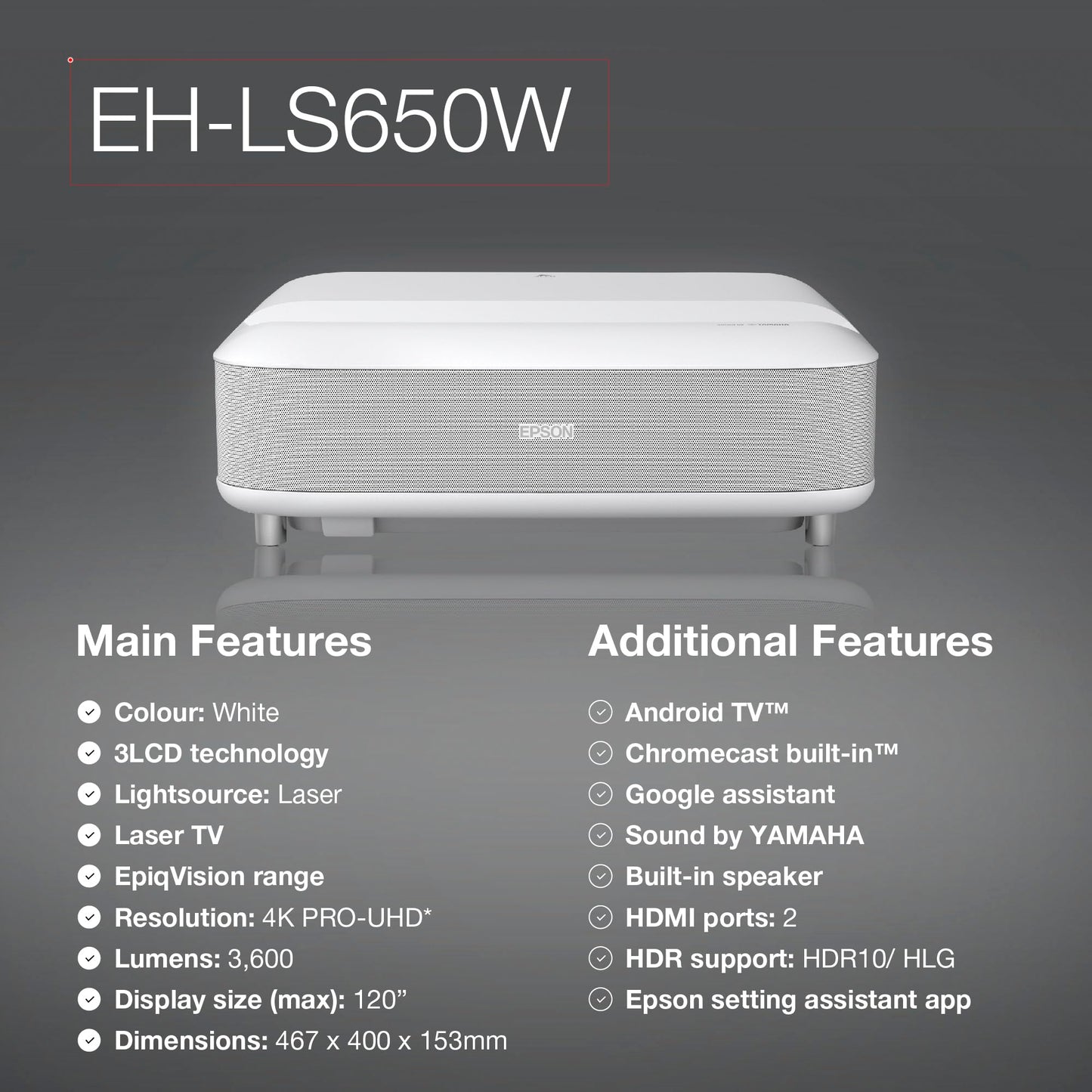 Epson EH-LS650W 4K Ultra Short Throw Projector – 3600 Lumens, Smart TV