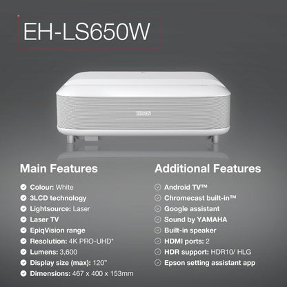 Epson EH-LS650W 4K Ultra Short Throw Projector – 3600 Lumens, Smart TV