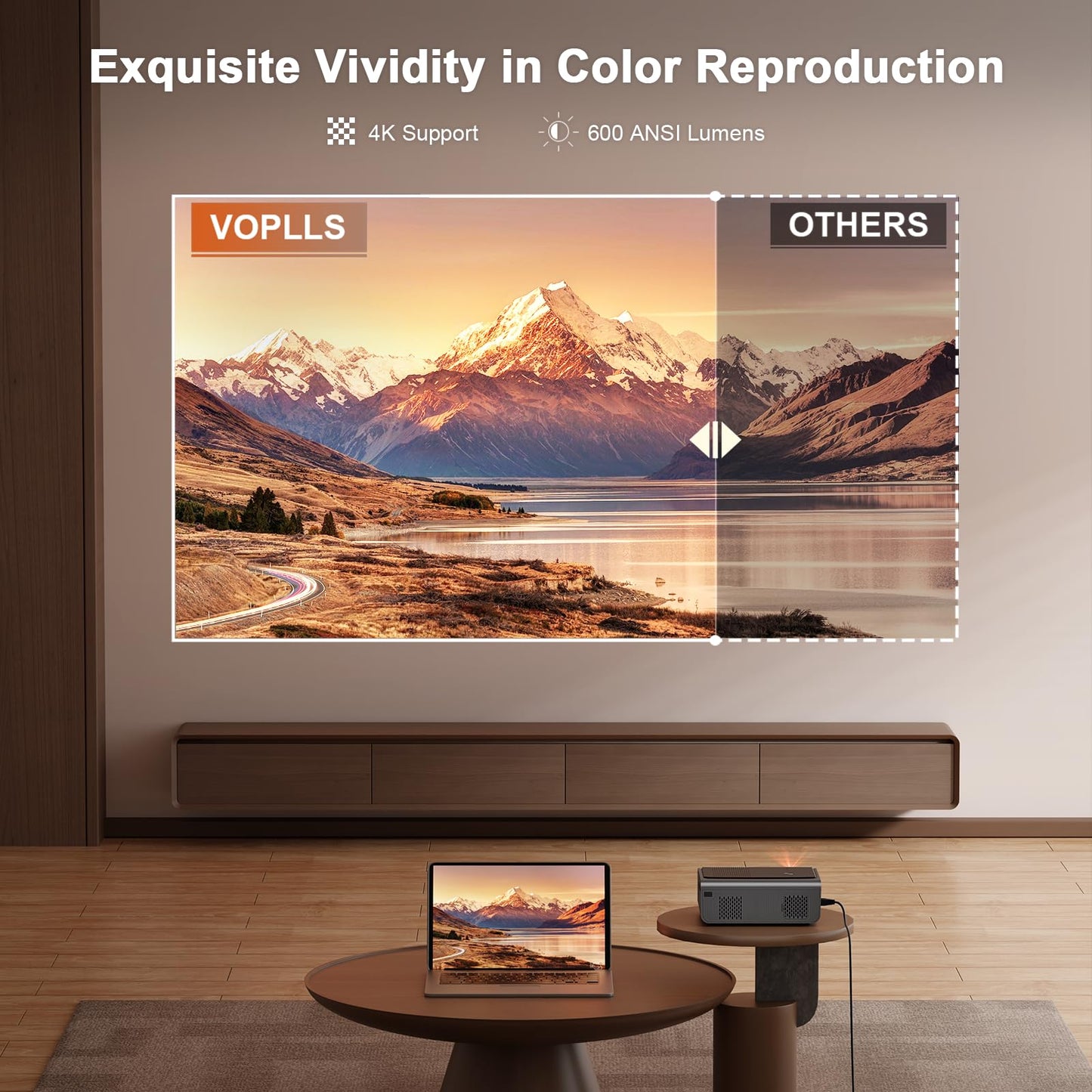 VOPLLS 1080P Full HD Projector – Auto Focus, WiFi & Bluetooth, Indoor & Outdoor