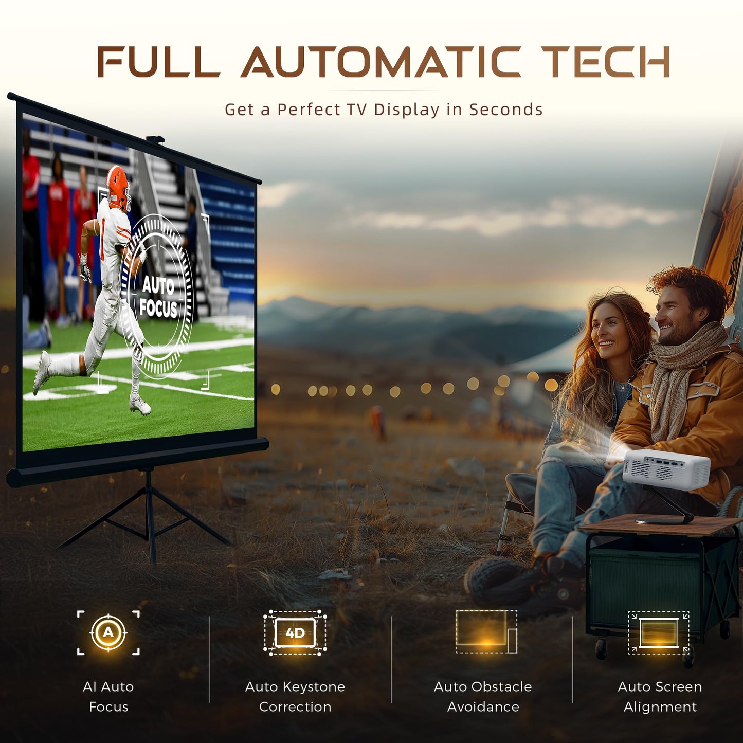Aurzen Eazze D1 4K Smart Projector | Auto Focus & Keystone, HDR10, Dolby Audio, 50% Zoom, Portable for iOS/Android/USB